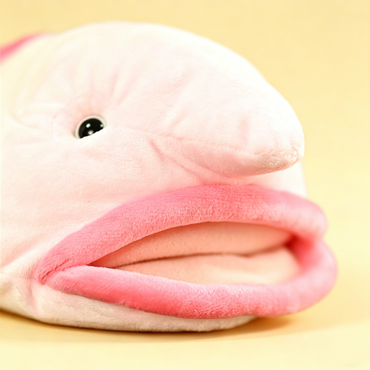 Cute blobfish plush toy face closeup – pink weird stuffed animal